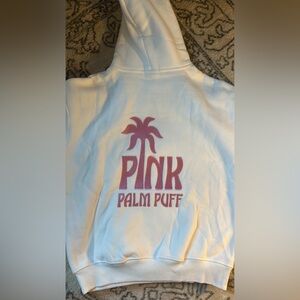 Pink Palm Puff White Hoodie with Pink Graphic